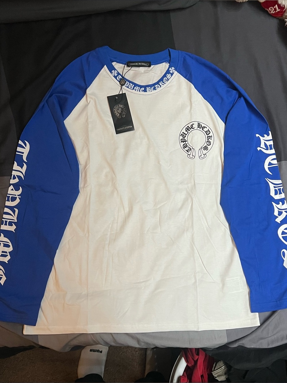 Chrome Hearts White Body Blue Raglan Long-Sleeve Tee